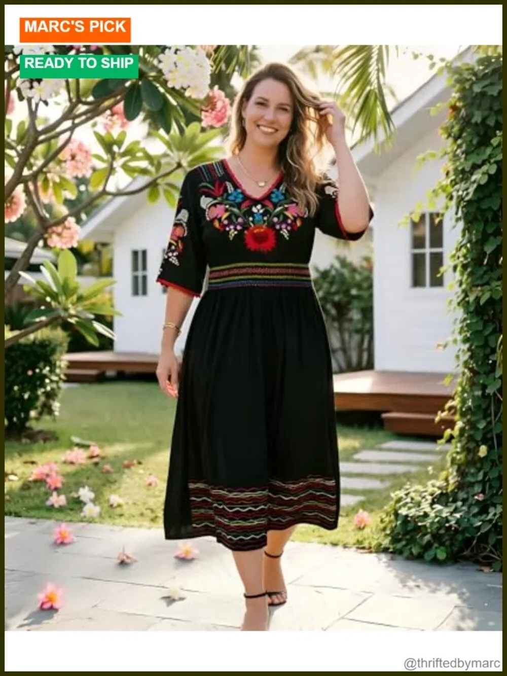 Mexican Floral Embroidered Boho Midi Dress Women A-Line V-Neck